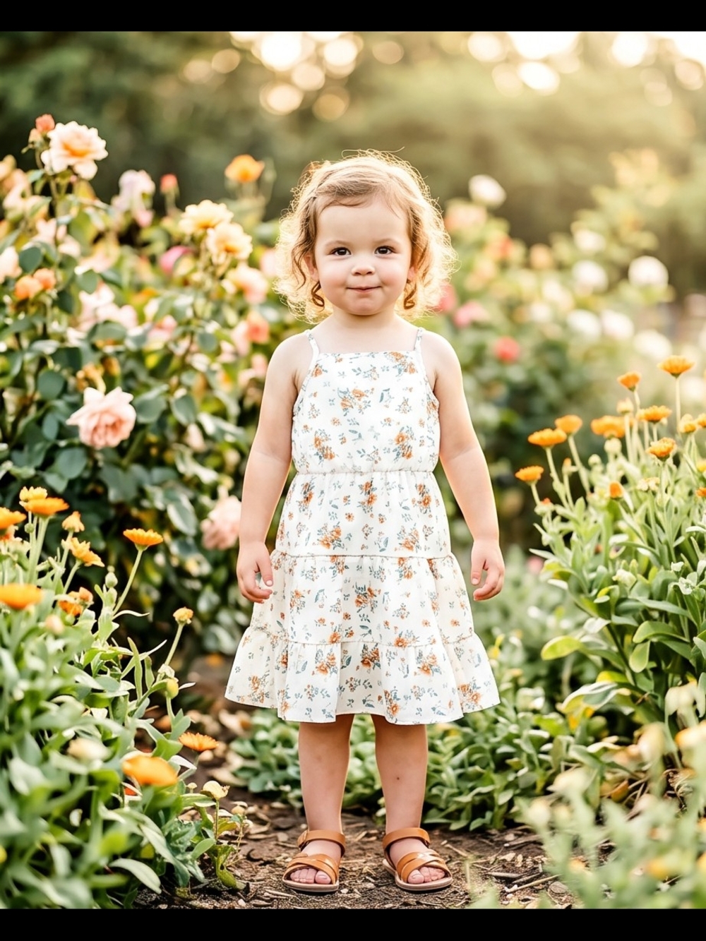 Girls' Floral Tiered Sundress - White with Orange & Green Floral Print